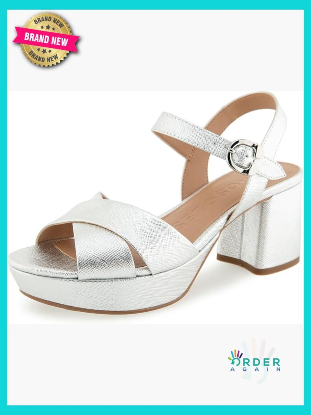 Heeled Sandals Platform Chunky Heels Open Toe Ankle Strap Faux Leather Silver